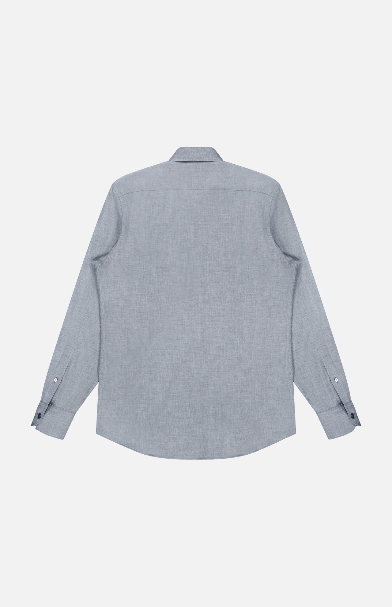 The ZEGNA Cashco Dress Shirt is shown from the back, laid flat on a white background. Crafted in Italy in a light grey hue, this elegant shirt features long sleeves, a classic collar, and dark buttons on the cuffs that accentuate its refined design.