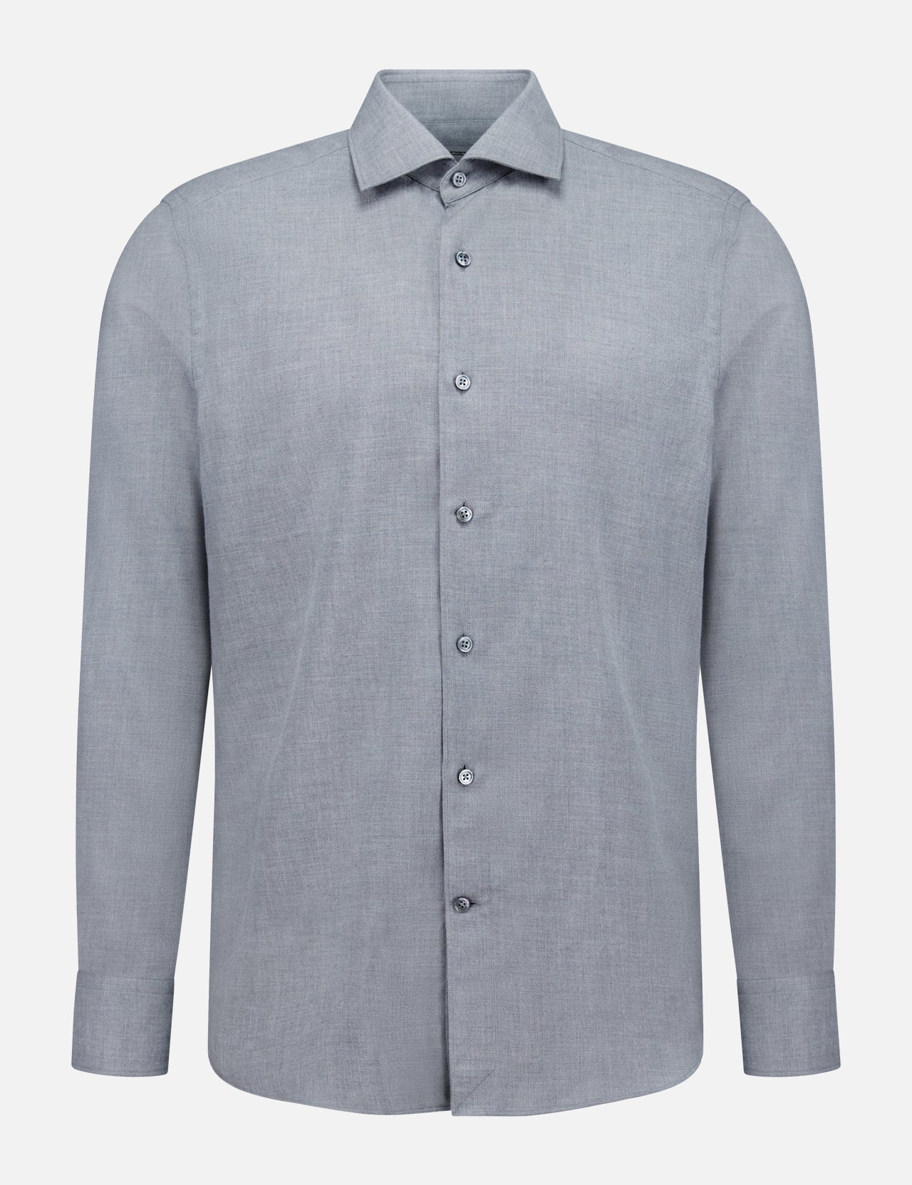 The ZEGNA Cashco Dress Shirt is a long-sleeve, light grey dress shirt crafted from premium cashmere cotton, featuring a classic collar and button-up design. Made in Italy, it is shown against a plain white background.
