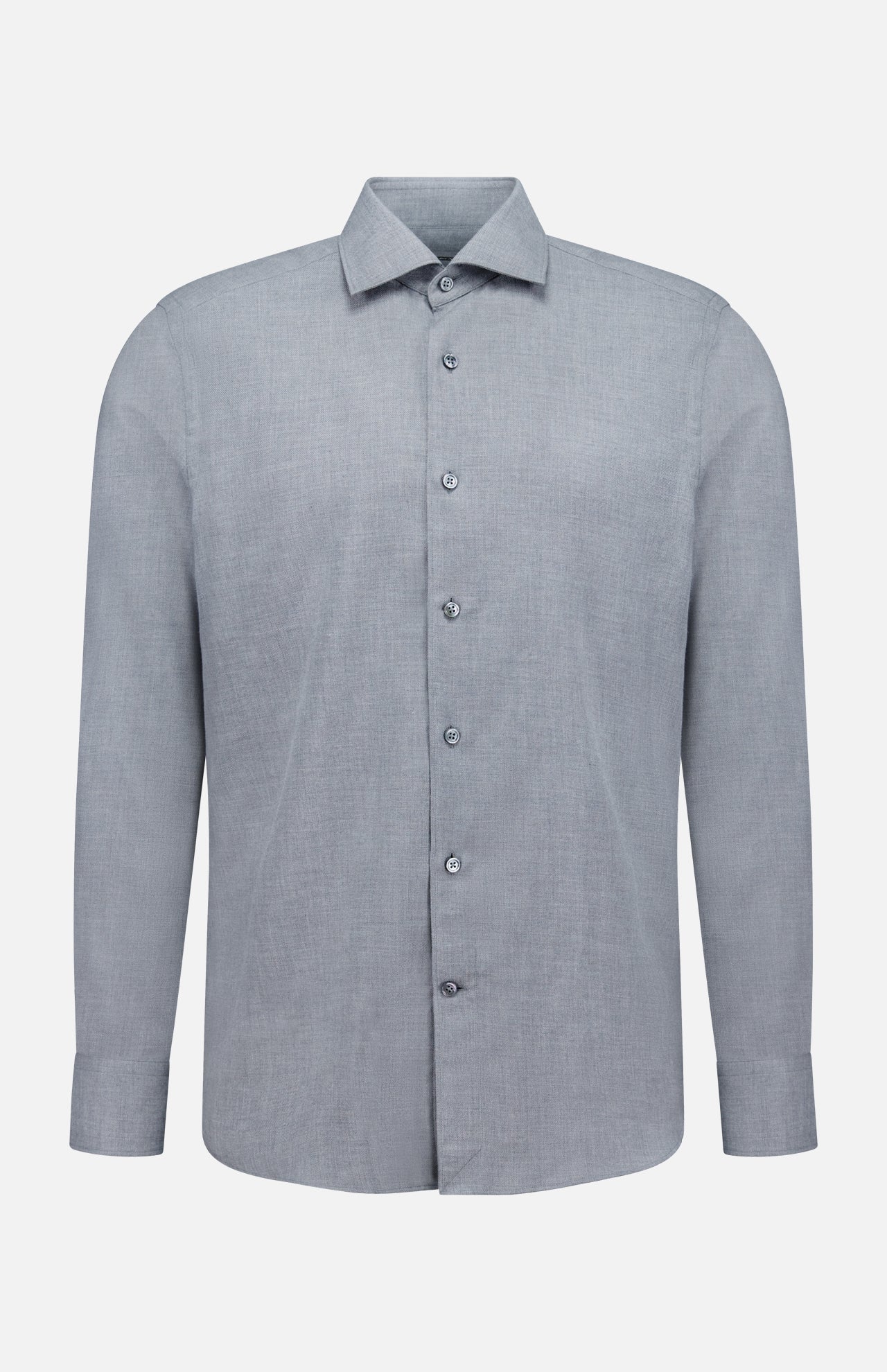 The ZEGNA Cashco Dress Shirt is a long-sleeve, light grey dress shirt crafted from premium cashmere cotton, featuring a classic collar and button-up design. Made in Italy, it is shown against a plain white background.
