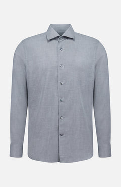The ZEGNA Cashco Dress Shirt is a long-sleeve, light grey dress shirt crafted from premium cashmere cotton, featuring a classic collar and button-up design. Made in Italy, it is shown against a plain white background.