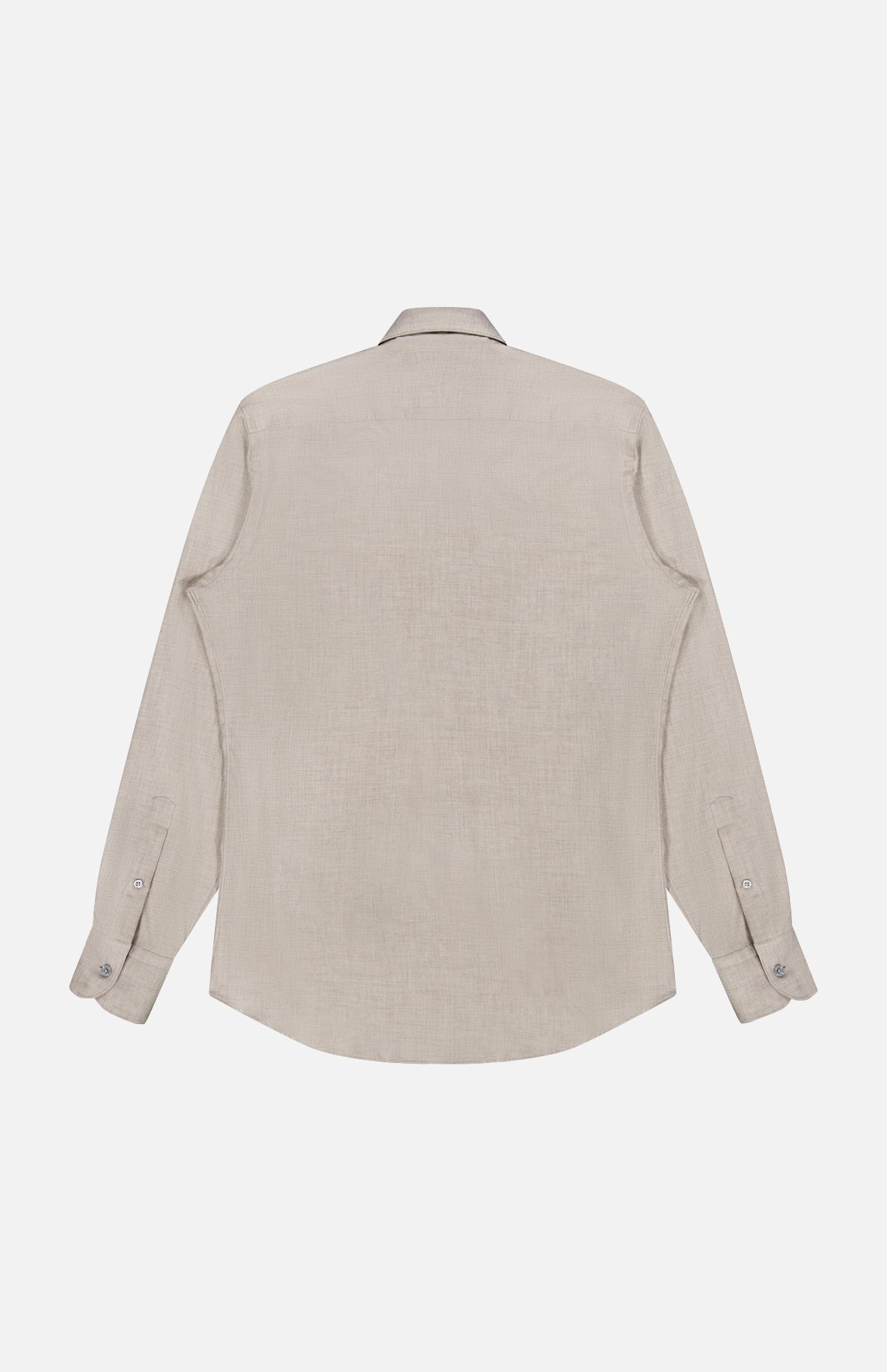 The ZEGNA Cashco Dress Shirt is displayed laid flat from the back, showcasing its beige color, buttoned cuffs, and curved hem against a plain white background. This luxury shirt features long sleeves and refined tailoring for an elegant look.