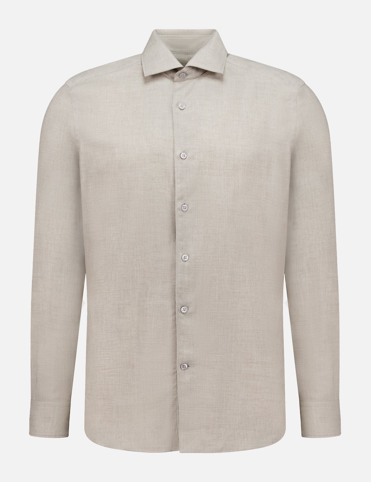The ZEGNA Cashco Dress Shirt is a long-sleeve, light beige button-up crafted from cashmere cotton with a classic collar, shown against a plain white background.
