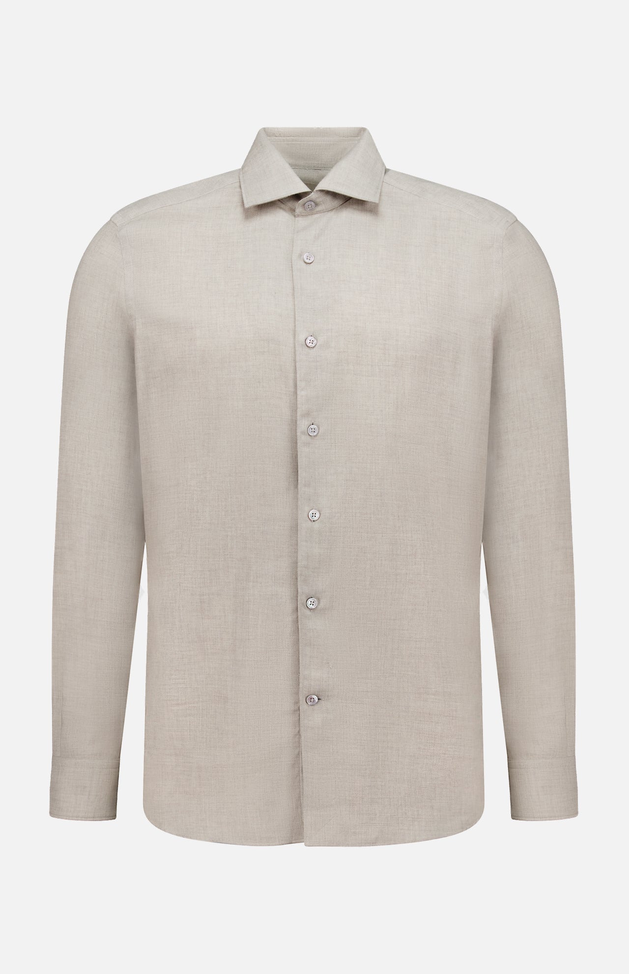 The ZEGNA Cashco Dress Shirt is a long-sleeve, light beige button-up crafted from cashmere cotton with a classic collar, shown against a plain white background.