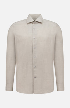 The ZEGNA Cashco Dress Shirt is a long-sleeve, light beige button-up crafted from cashmere cotton with a classic collar, shown against a plain white background.
