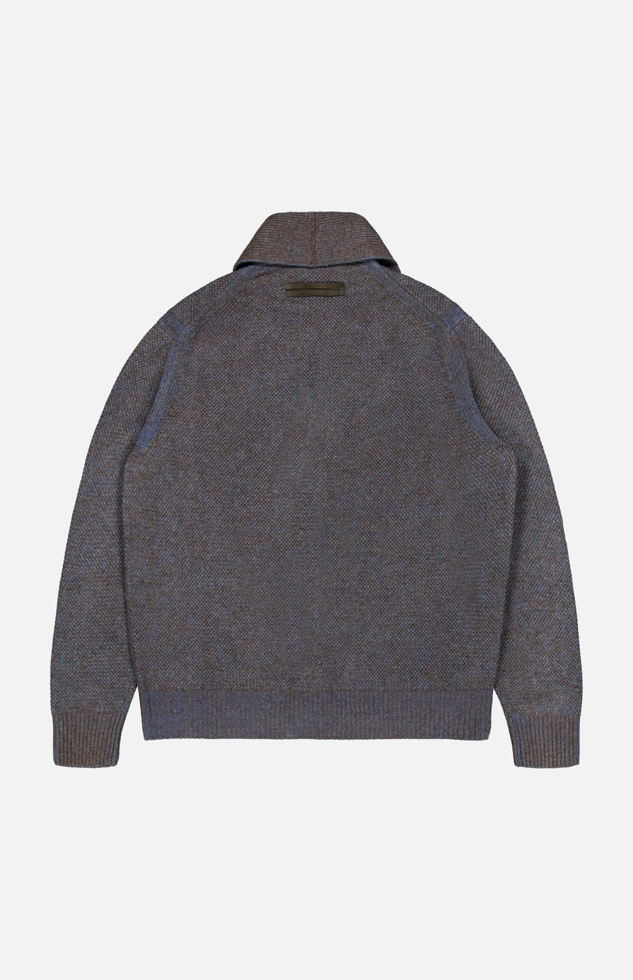 ZEGNA Cashmere & Wool Cardigan Sweater in brown and gray textured knit, featuring a shawl collar, long sleeves, ribbed cuffs, and waistband, displayed flat with the back facing up against a plain white background.