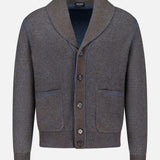 The ZEGNA Cashmere & Wool Cardigan Sweater, shown against a plain white background, features a rich brown hue with a classic shawl collar, front button closure, two front pockets, and ribbed cuffs and hem.