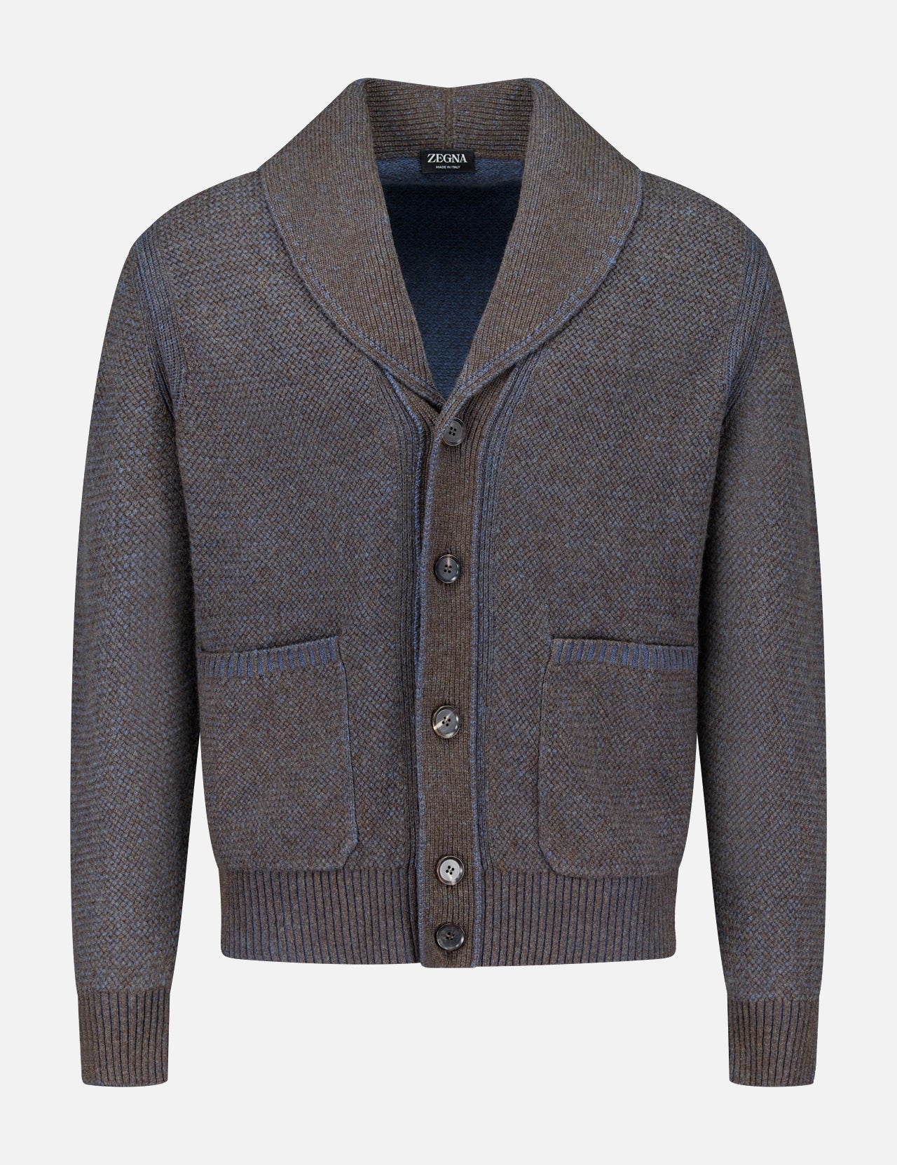 The ZEGNA Cashmere & Wool Cardigan Sweater, shown against a plain white background, features a rich brown hue with a classic shawl collar, front button closure, two front pockets, and ribbed cuffs and hem.