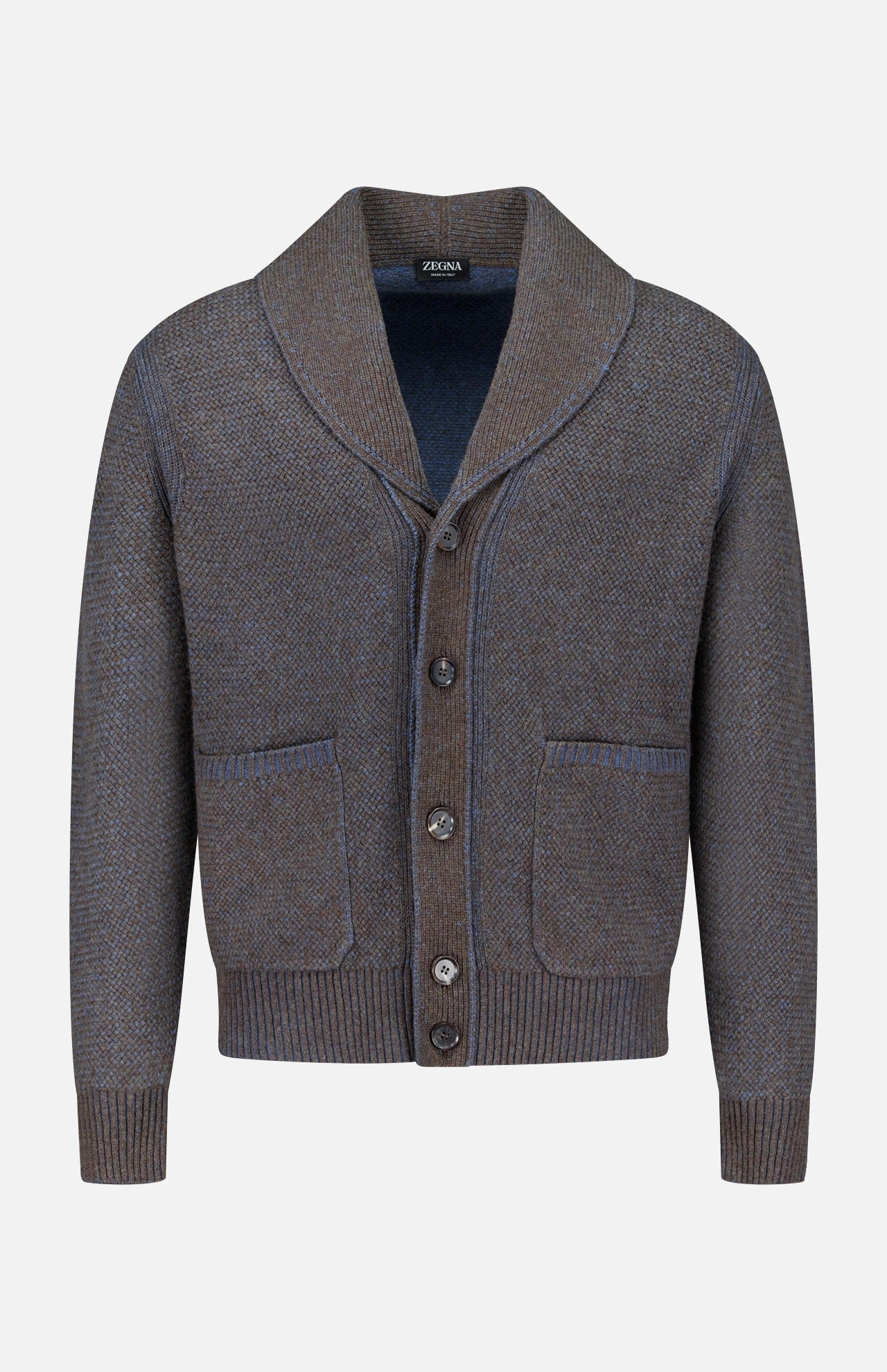 The ZEGNA Cashmere & Wool Cardigan Sweater, shown against a plain white background, features a rich brown hue with a classic shawl collar, front button closure, two front pockets, and ribbed cuffs and hem.