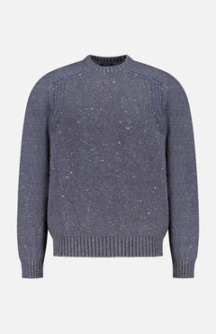 ZEGNA Cashmere Wool Silk Crewneck Sweater in blue, crafted in a speckled cashmere wool silk blend with ribbed cuffs and hem.