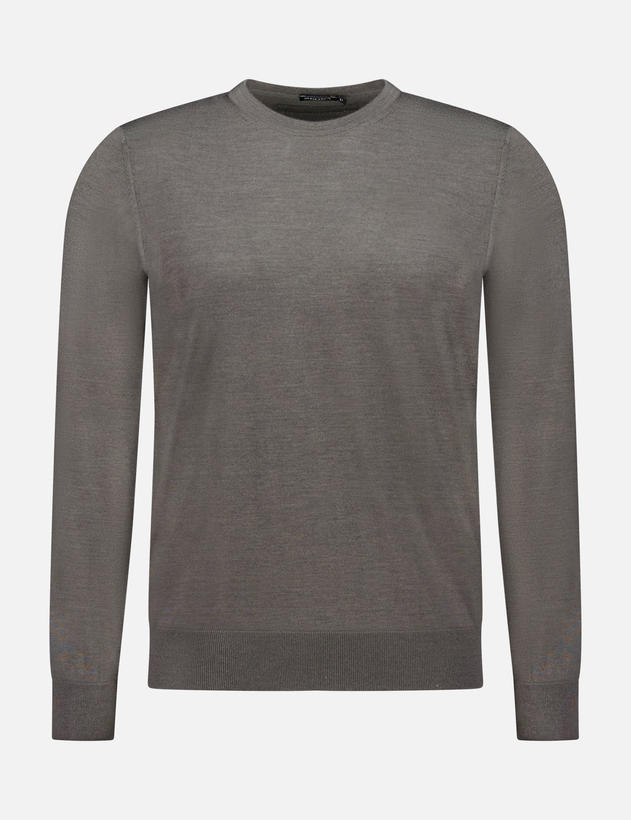 The ZEGNA Cashseta Crewneck Sweater, in plain gray with long sleeves, is shown on a white background. Made in Italy, it features ribbed cuffs, hem, and neckline for a simple yet classic design.