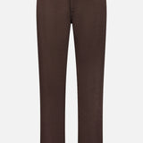 The ZEGNA Comfort Linen Cotton Pants are slim fit, straight-leg, dark brown pants with belt loops, front pockets, and a button-zip closure, shown against a plain white background.