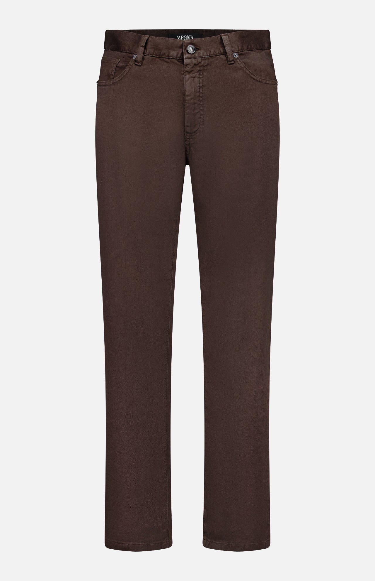 The ZEGNA Comfort Linen Cotton Pants are slim fit, straight-leg, dark brown pants with belt loops, front pockets, and a button-zip closure, shown against a plain white background.