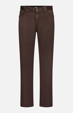 The ZEGNA Comfort Linen Cotton Pants are slim fit, straight-leg, dark brown pants with belt loops, front pockets, and a button-zip closure, shown against a plain white background.
