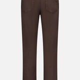 Back view of ZEGNA Comfort Linen Cotton Pants in slim fit dark brown with two back pockets, belt loops, and a branded leather patch on the waistband, set against a plain white background.