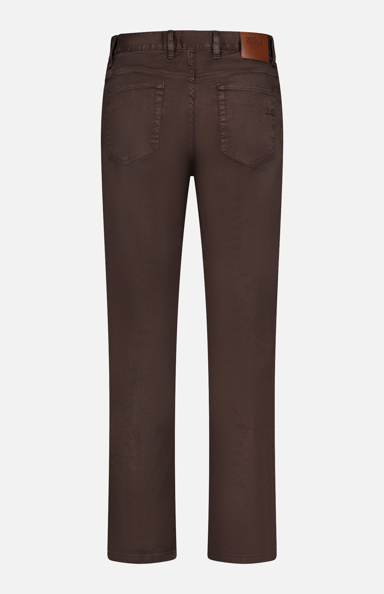 Back view of ZEGNA Comfort Linen Cotton Pants in slim fit dark brown with two back pockets, belt loops, and a branded leather patch on the waistband, set against a plain white background.