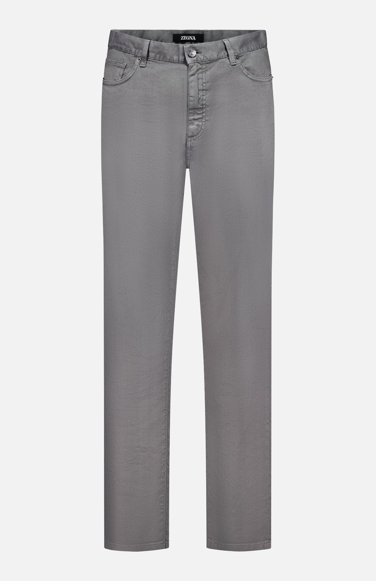 The ZEGNA Comfort Linen Cotton Pants are straight-leg, light grey men's workwear pants with button and zipper closure, front and back pockets, and belt loops, shown against a plain white background.