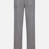 Back view of ZEGNA Comfort Linen Cotton Pants for men in a straight-leg gray design, featuring two back pockets, belt loops, and a brown leather patch on the waistband, shown against a plain white background.