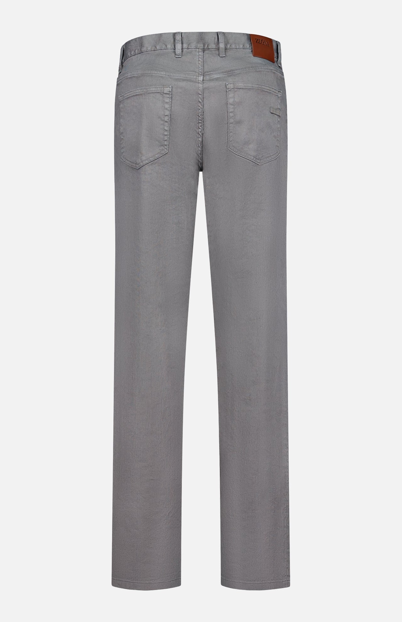 Back view of ZEGNA Comfort Linen Cotton Pants for men in a straight-leg gray design, featuring two back pockets, belt loops, and a brown leather patch on the waistband, shown against a plain white background.