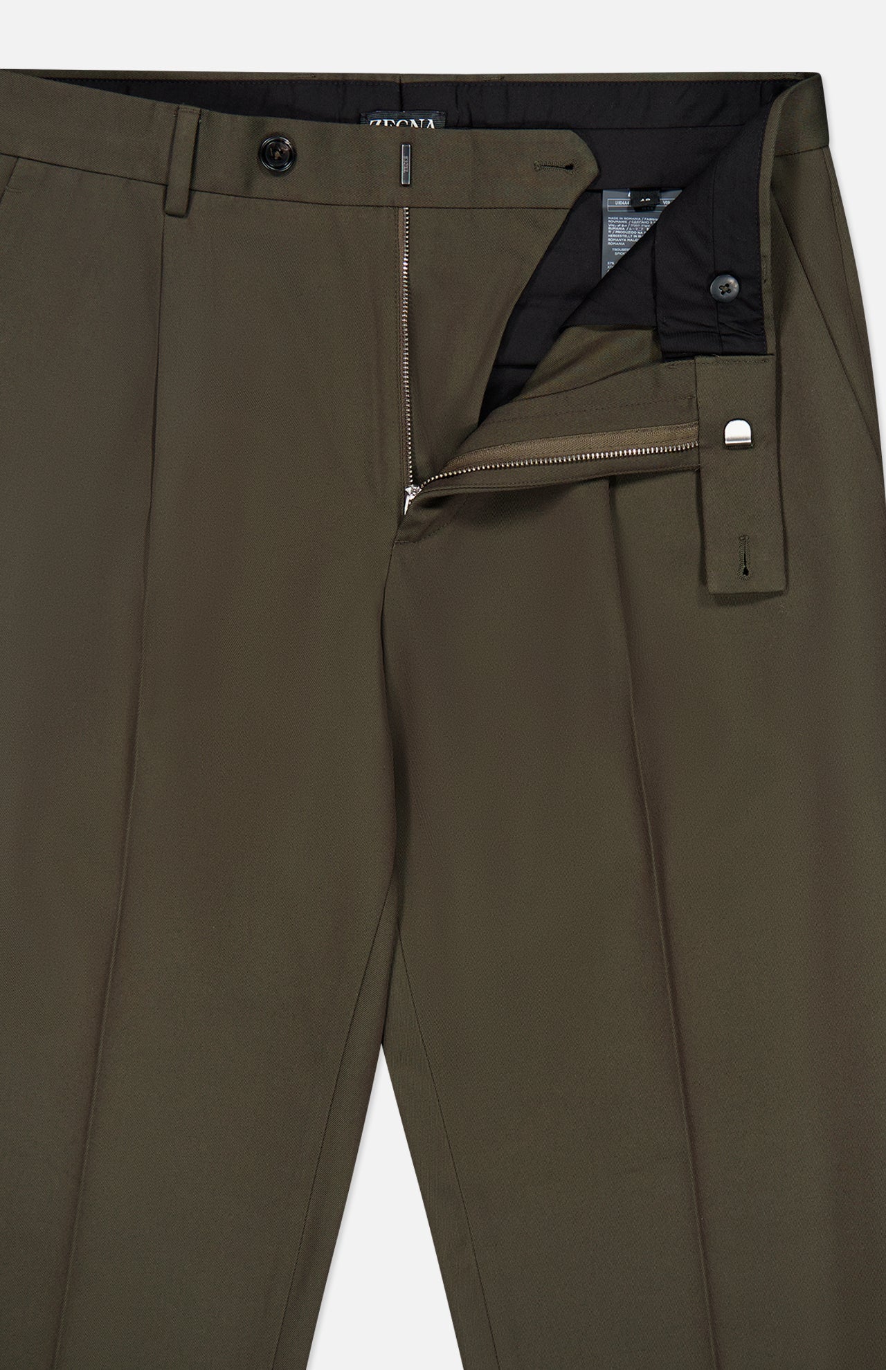 Olive green Cotton & Wool Trouser Pants by ZEGNA, featuring a partially open zipper, button, and hook closure that reveals the black inner waistband and tag. The smooth, expertly crafted fabric gives these tailored pants a modern spin on classic cotton wool tailoring.