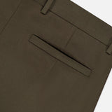 Close-up of ZEGNA Cotton & Wool Trouser Pants in olive green, showcasing a single back welt pocket and belt loops along the waistband.