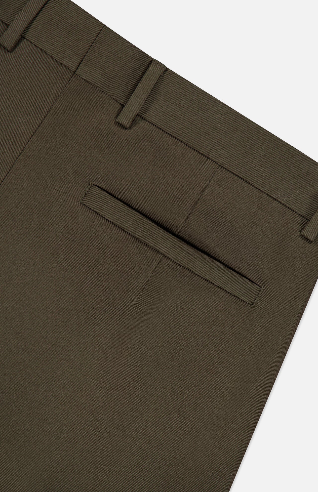 Close-up of ZEGNA Cotton & Wool Trouser Pants in olive green, showcasing a single back welt pocket and belt loops along the waistband.