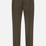 ZEGNA’s Cotton & Wool Trouser Pants in olive green are tailored from a premium cotton-wool blend, featuring a flat front, belt loops, and front crease detailing, presented against a plain white background.