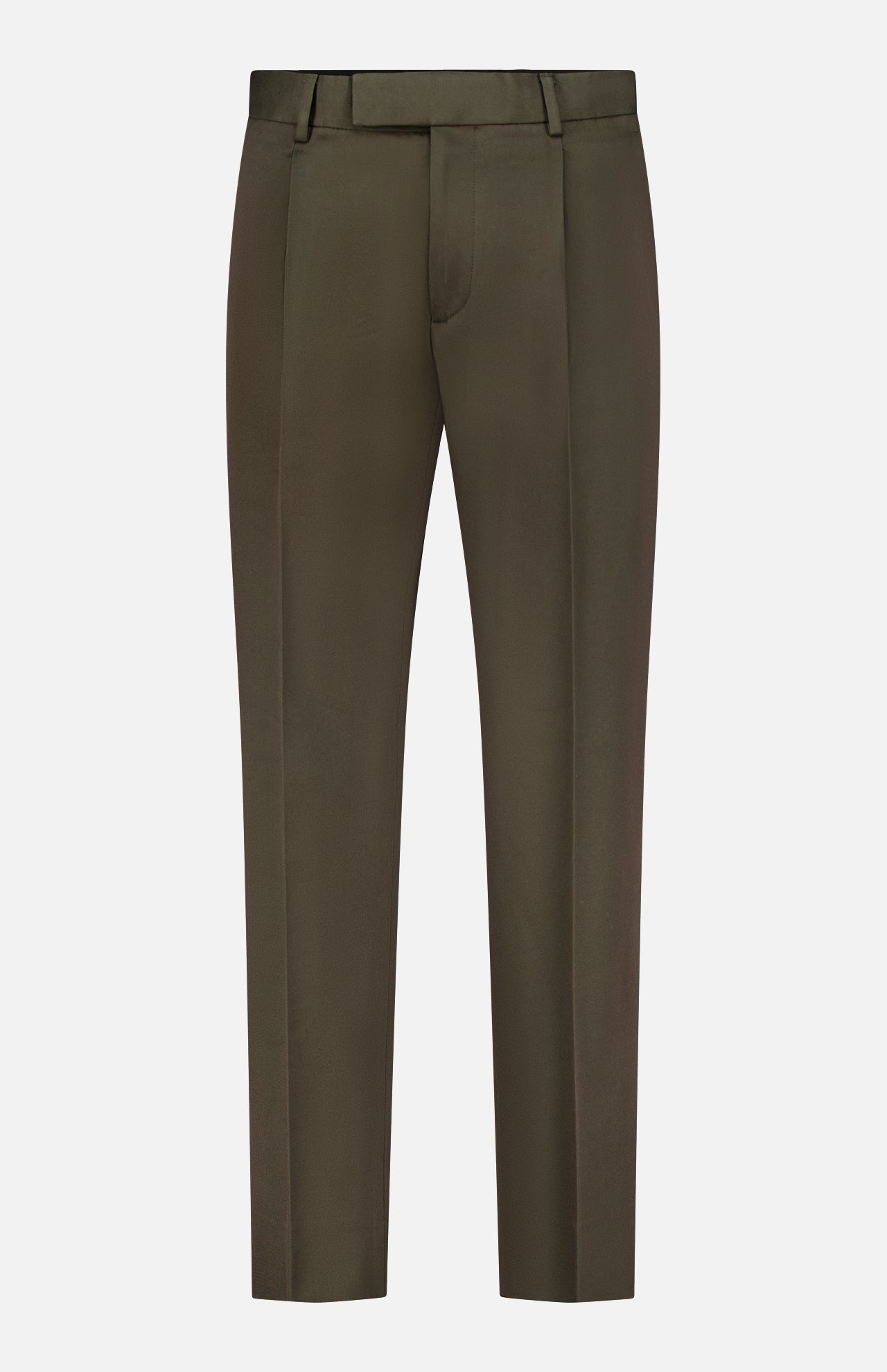 ZEGNA’s Cotton & Wool Trouser Pants in olive green are tailored from a premium cotton-wool blend, featuring a flat front, belt loops, and front crease detailing, presented against a plain white background.