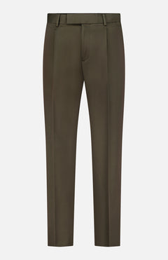 ZEGNA’s Cotton & Wool Trouser Pants in olive green are tailored from a premium cotton-wool blend, featuring a flat front, belt loops, and front crease detailing, presented against a plain white background.