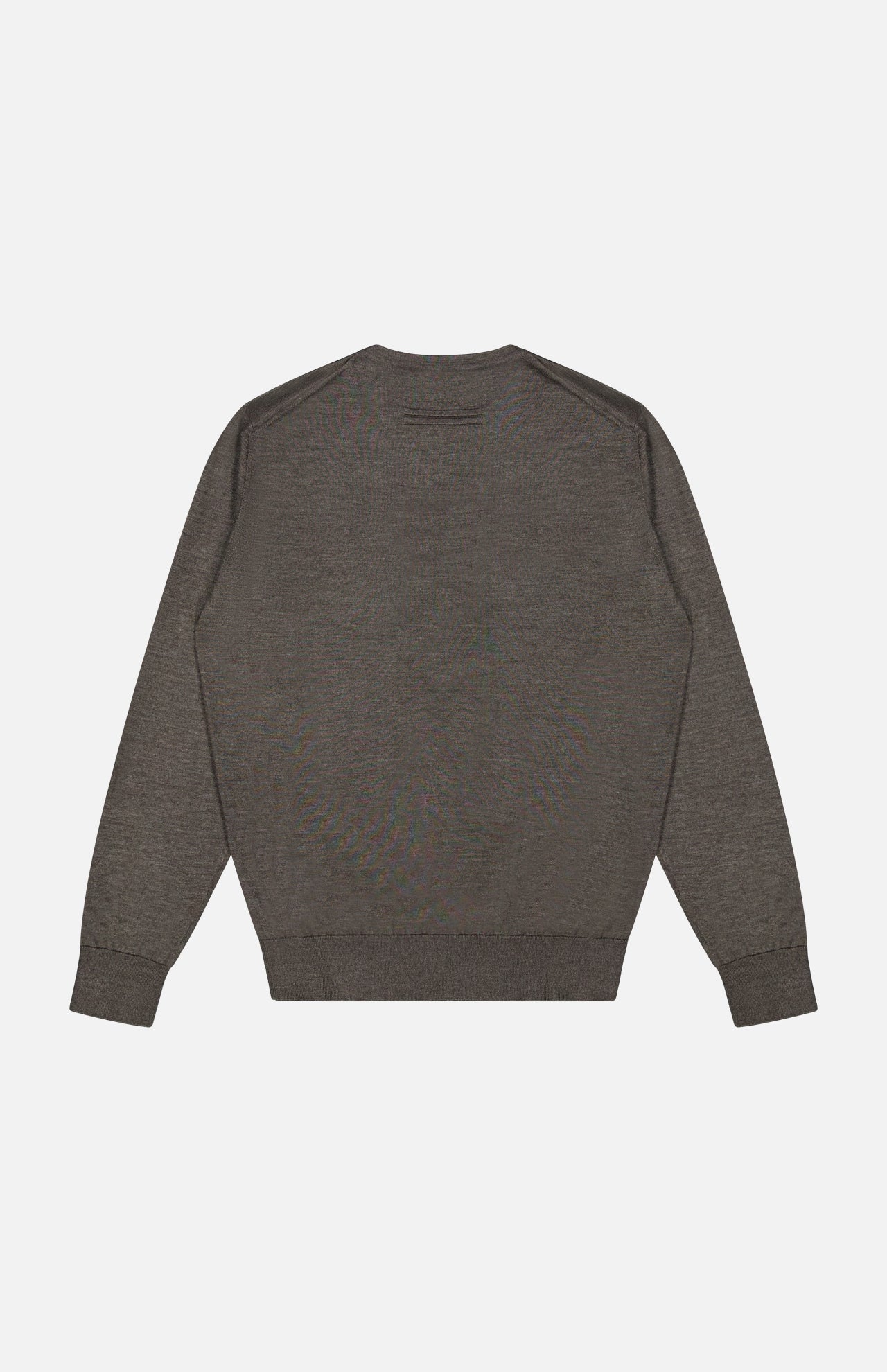 A ZEGNA Crewneck Long Sleeve Shirt in plain dark gray cashmere silk is laid flat, viewed from the back, showcasing its crew neck and ribbed cuffs and hem on a white background. Expertly crafted in Italy, this luxurious shirt features long sleeves and a refined silhouette.
