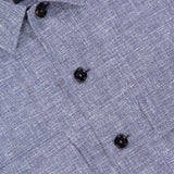 Close-up of the ZEGNA Crossover Linen-blend Overshirt in grey, featuring lightweight crossover fabric, black buttons, and a visible ZEGNA label near the collar. Made in Italy.