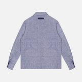 The ZEGNA Crossover Linen-blend Overshirt is a light blue, long-sleeve collared shirt made in Italy, shown flat from the back with buttoned cuffs and a small dark label across the upper back.