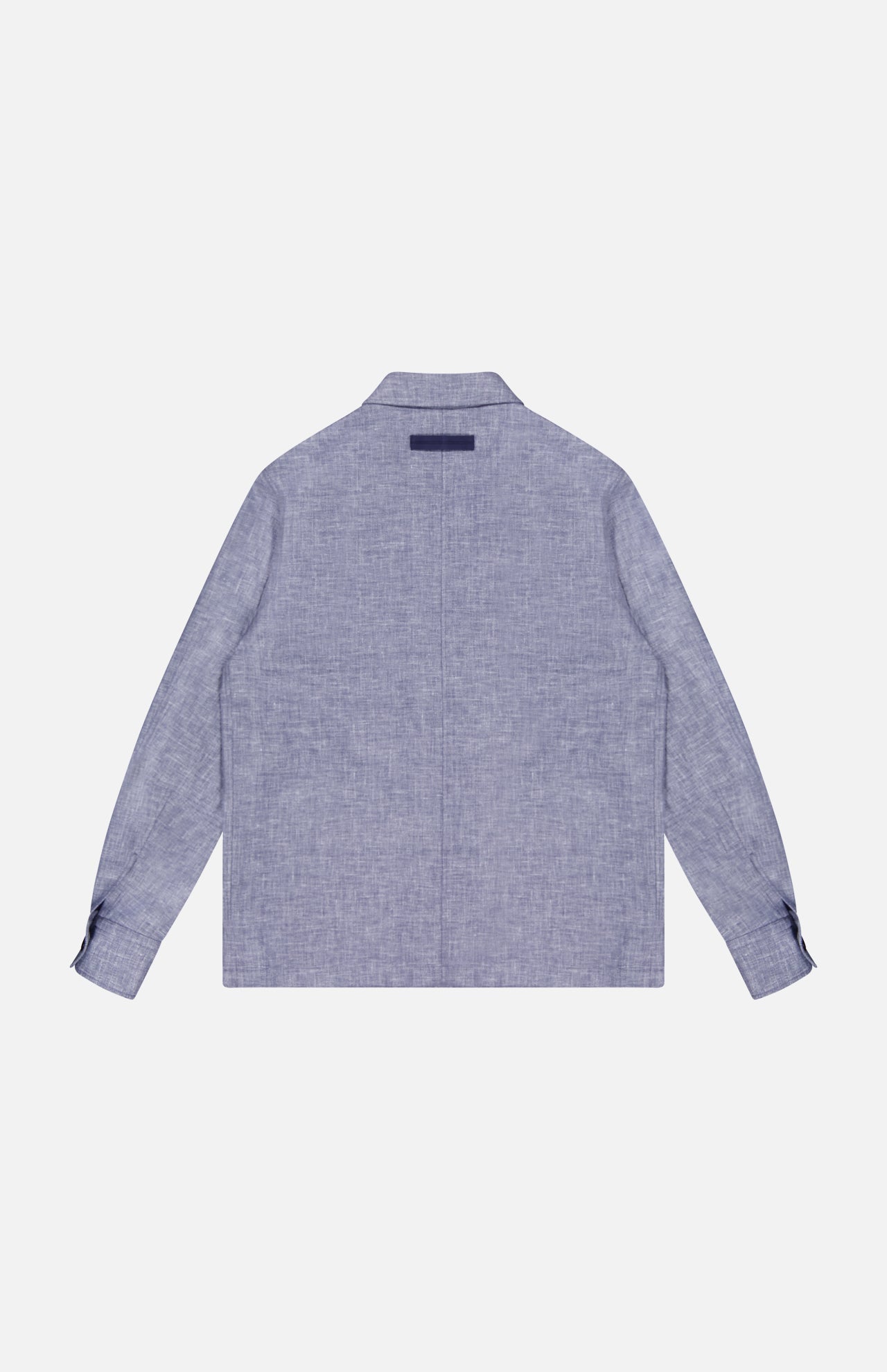 The ZEGNA Crossover Linen-blend Overshirt is a light blue, long-sleeve collared shirt made in Italy, shown flat from the back with buttoned cuffs and a small dark label across the upper back.