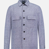The ZEGNA Crossover Linen-blend Overshirt in light purple features lightweight crossover fabric with a textured feel, long sleeves, two chest flap pockets, and a collar, shown on a plain white background.