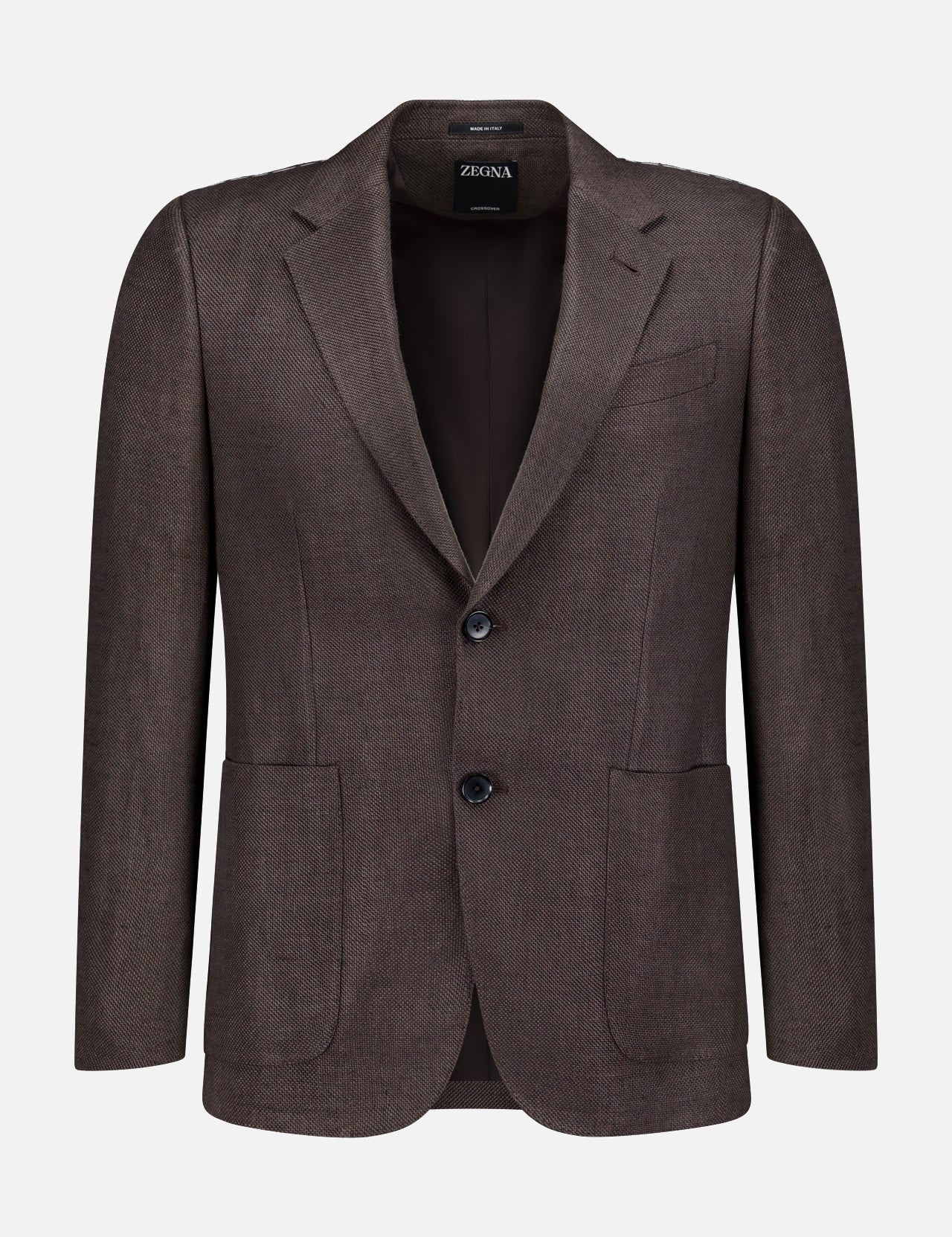The ZEGNA Crossover Linen and Wool Sportcoat features a notched lapel, two front buttons, and two large patch pockets. Displayed on a plain white background, it comes in brown.