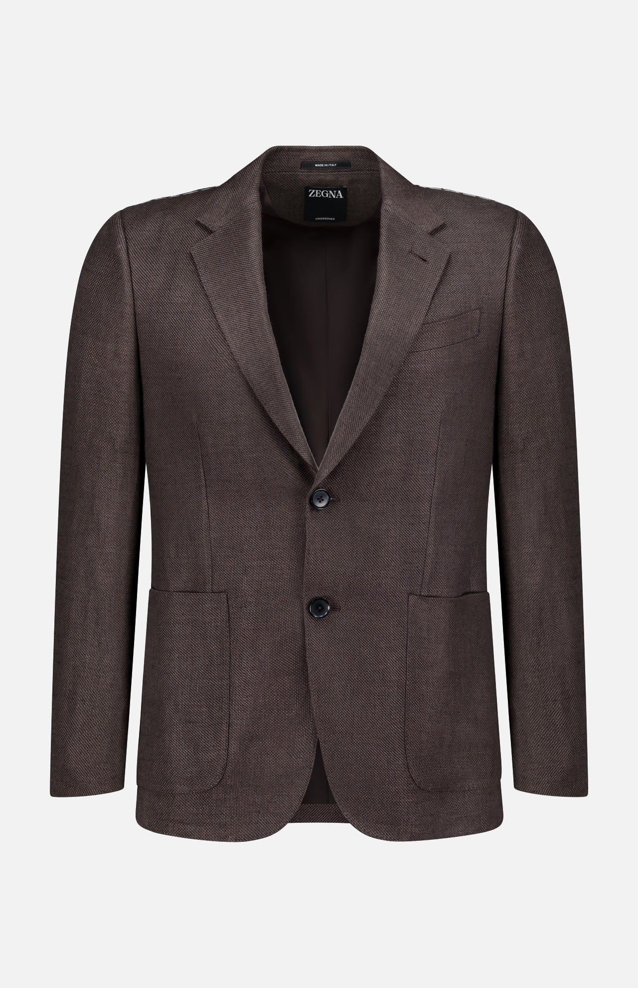 The ZEGNA Crossover Linen and Wool Sportcoat features a notched lapel, two front buttons, and two large patch pockets. Displayed on a plain white background, it comes in brown.