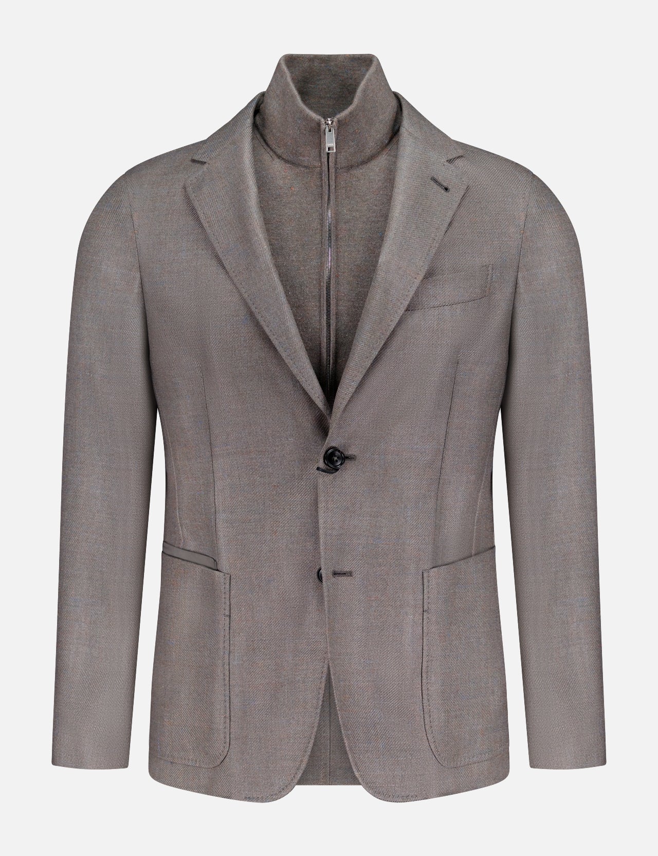 The ZEGNA Detachable Knit Bib Sportcoat is a light brown men's luxury blazer with notched lapels, patch pockets, and a built-in zip-up knit bib resembling a mock neck, shown against a plain white background.