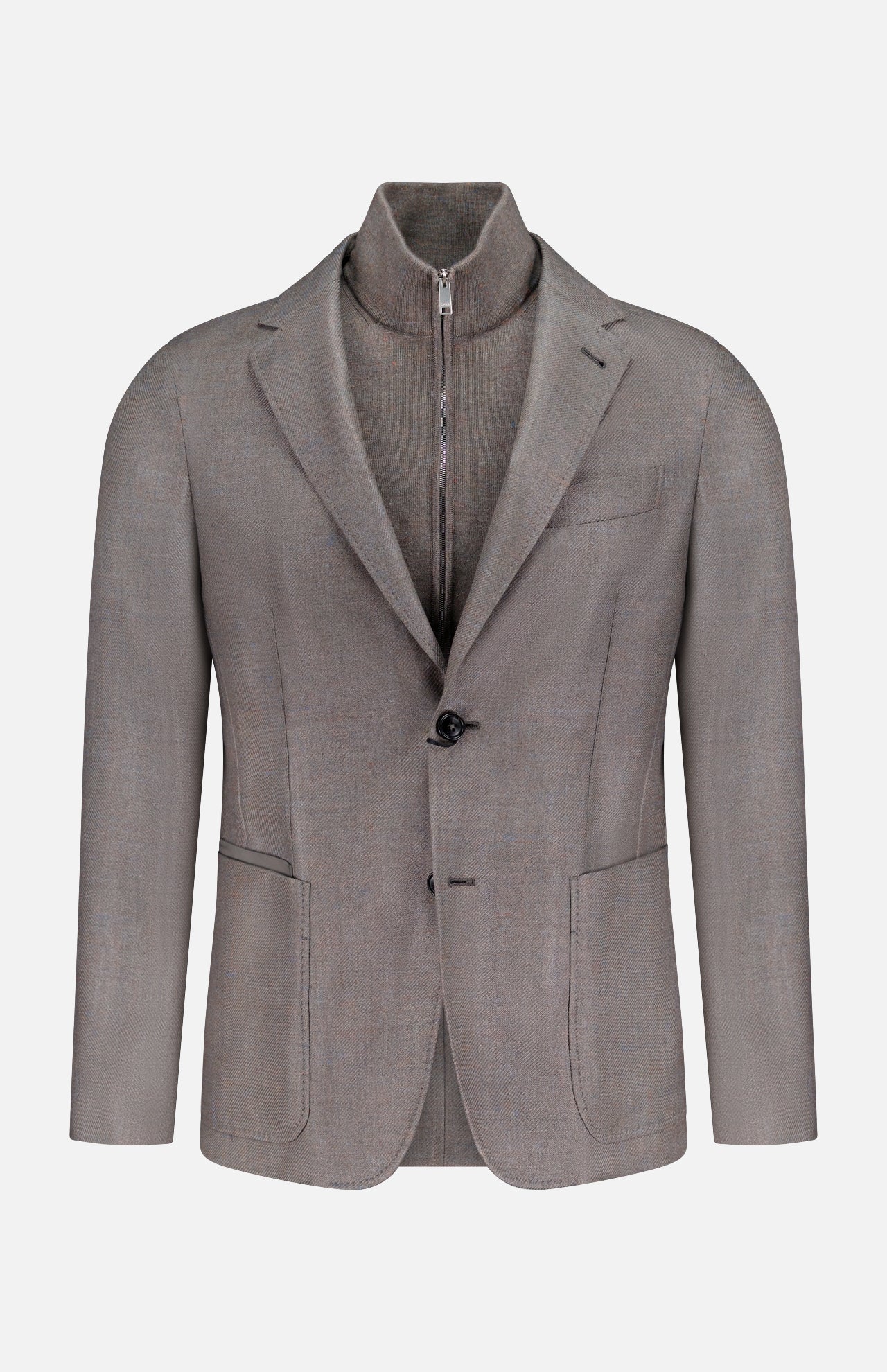 The ZEGNA Detachable Knit Bib Sportcoat is a light brown men's luxury blazer with notched lapels, patch pockets, and a built-in zip-up knit bib resembling a mock neck, shown against a plain white background.