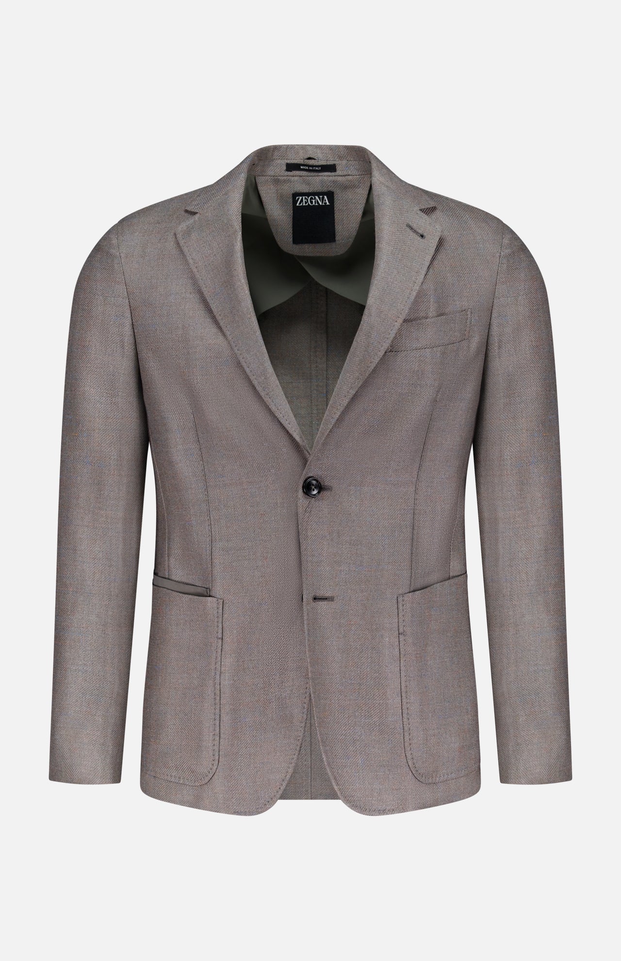 The ZEGNA Detachable Knit Bib Sportcoat is a light brown men's luxury blazer with notch lapels, two front patch pockets, a chest pocket, and single-button closure, shown against a plain white background.