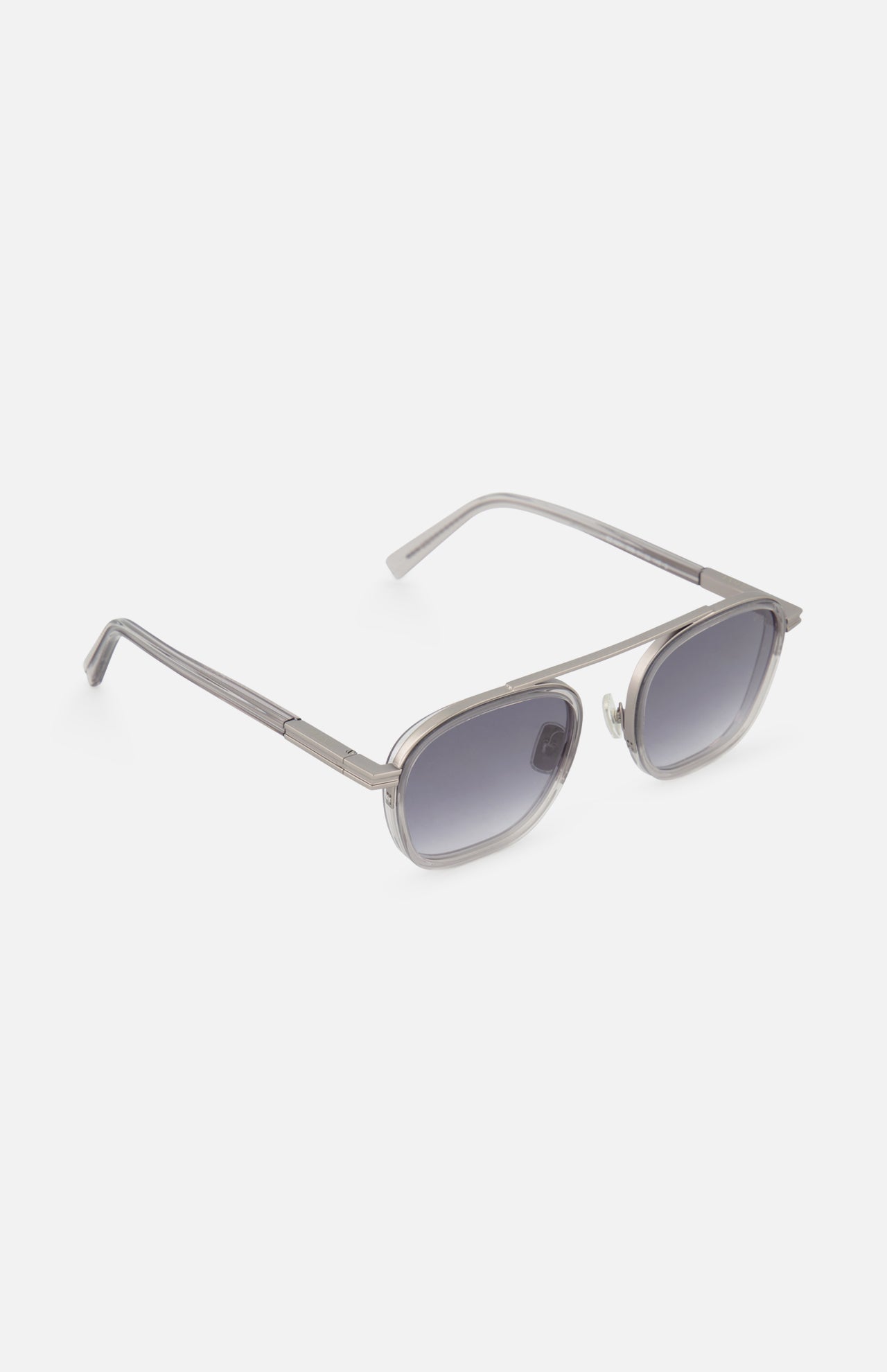 The ZEGNA Geometric Transparent Grey Sunglasses feature a rectangular silver frame, dark tinted lenses, and slim straight arms for a sleek look, all displayed on a white background.