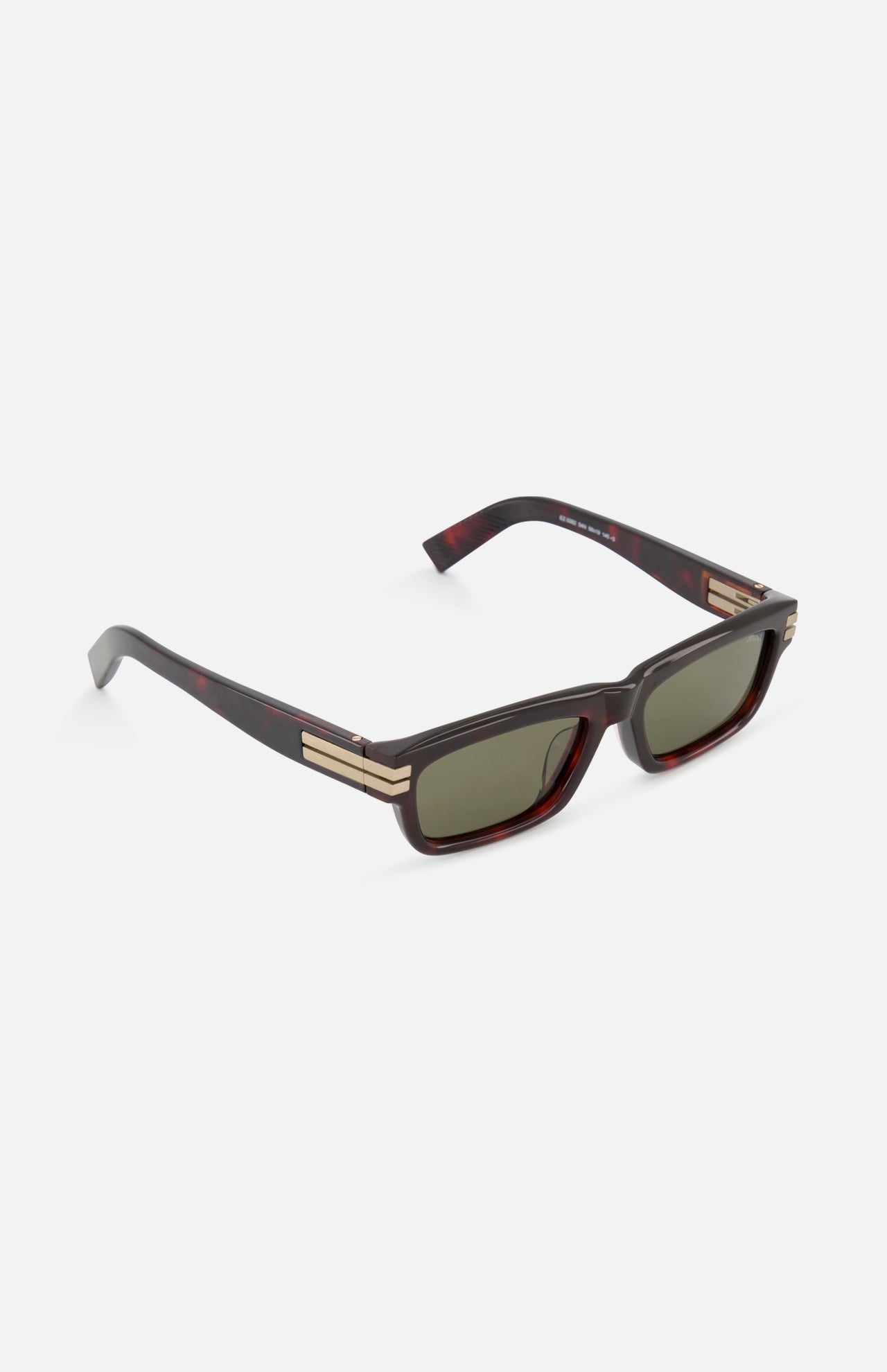 ZEGNA Havanna Rectangular Red Sunglasses feature a modern design with red frames and gold-tone accents, displayed on a white background. These sunglasses add sophistication to any look.