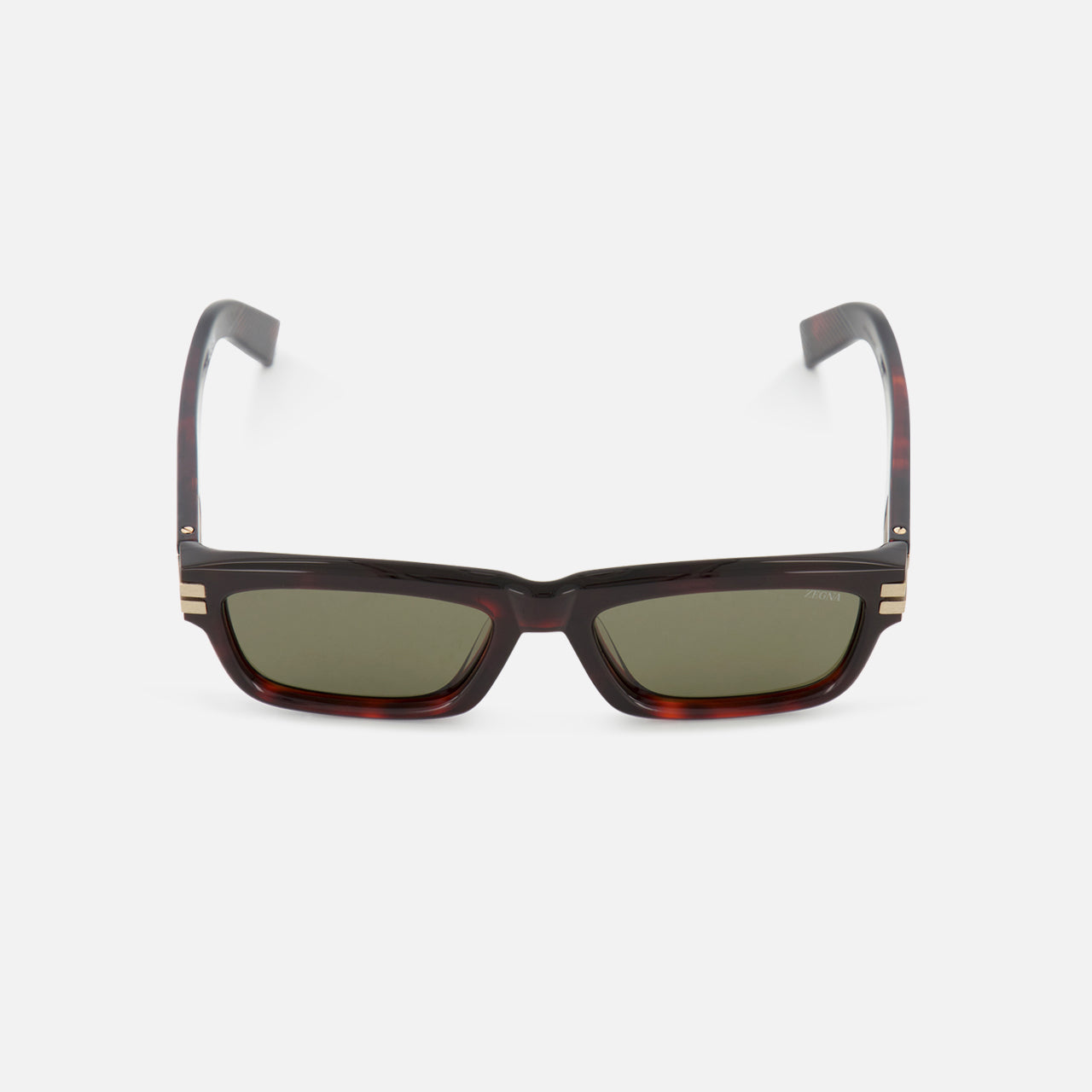 The ZEGNA Havanna Rectangular Red Sunglasses feature bold rectangular frames in a striking red hue, shown front-facing on a white background. These sunglasses blend classic shape with modern style for a standout look.