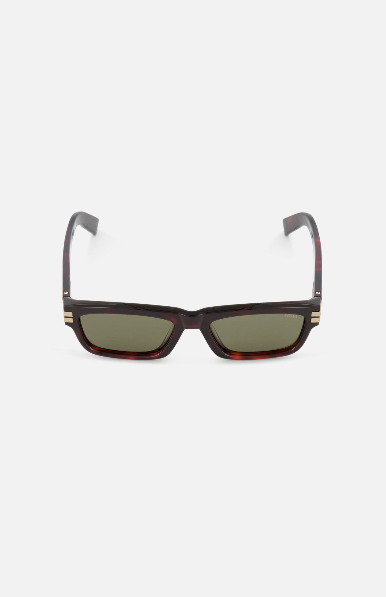 The ZEGNA Havanna Rectangular Red Sunglasses feature bold rectangular frames in a striking red hue, shown front-facing on a white background. These sunglasses blend classic shape with modern style for a standout look.