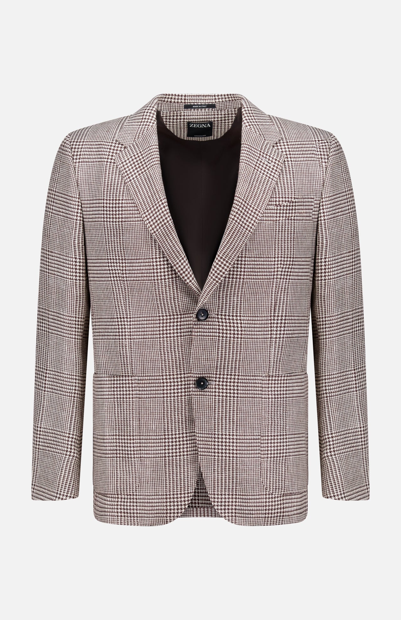 The ZEGNA Houndstooth Plaid Linen-blend Sportcoat features a black and white pattern, single-breasted design, notched lapels, two front buttons, and flap pockets—an ideal choice to elevate any men's professional wardrobe. Displayed on a plain white background.