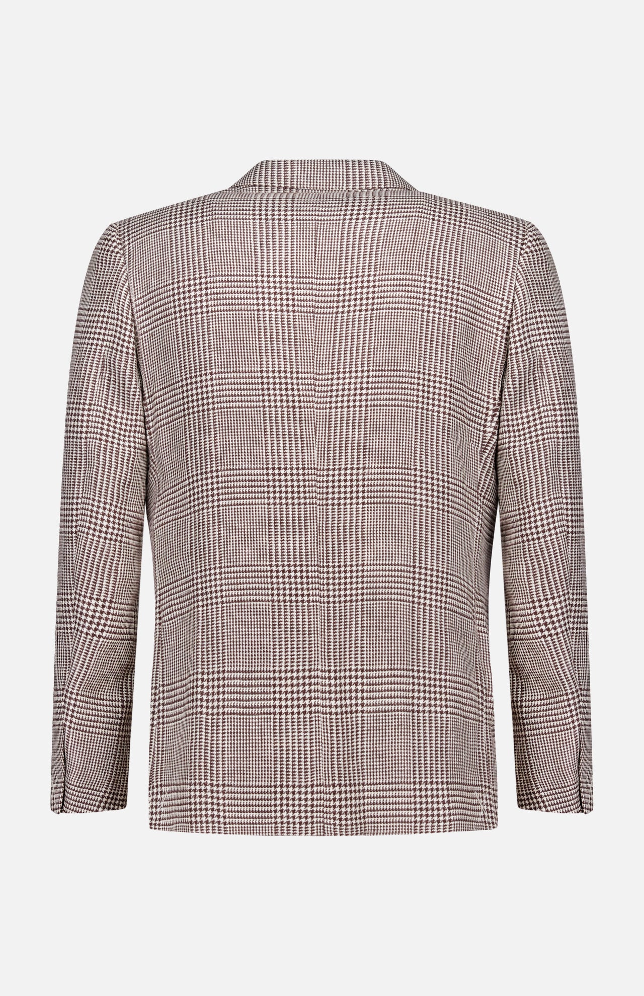 A back view of the ZEGNA Houndstooth Plaid Linen-blend Sportcoat, featuring a subtle check pattern, long sleeves, and a straight hem—an essential for any men's professional wardrobe—shown against a plain white background.