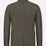Back view of ZEGNA’s Jerseywear Chore Jacket in olive green, featuring a stand-up collar, long sleeves, and two back vents. Displayed against a plain white background, this piece channels the refined tailoring typically associated with wool cashmere jackets.