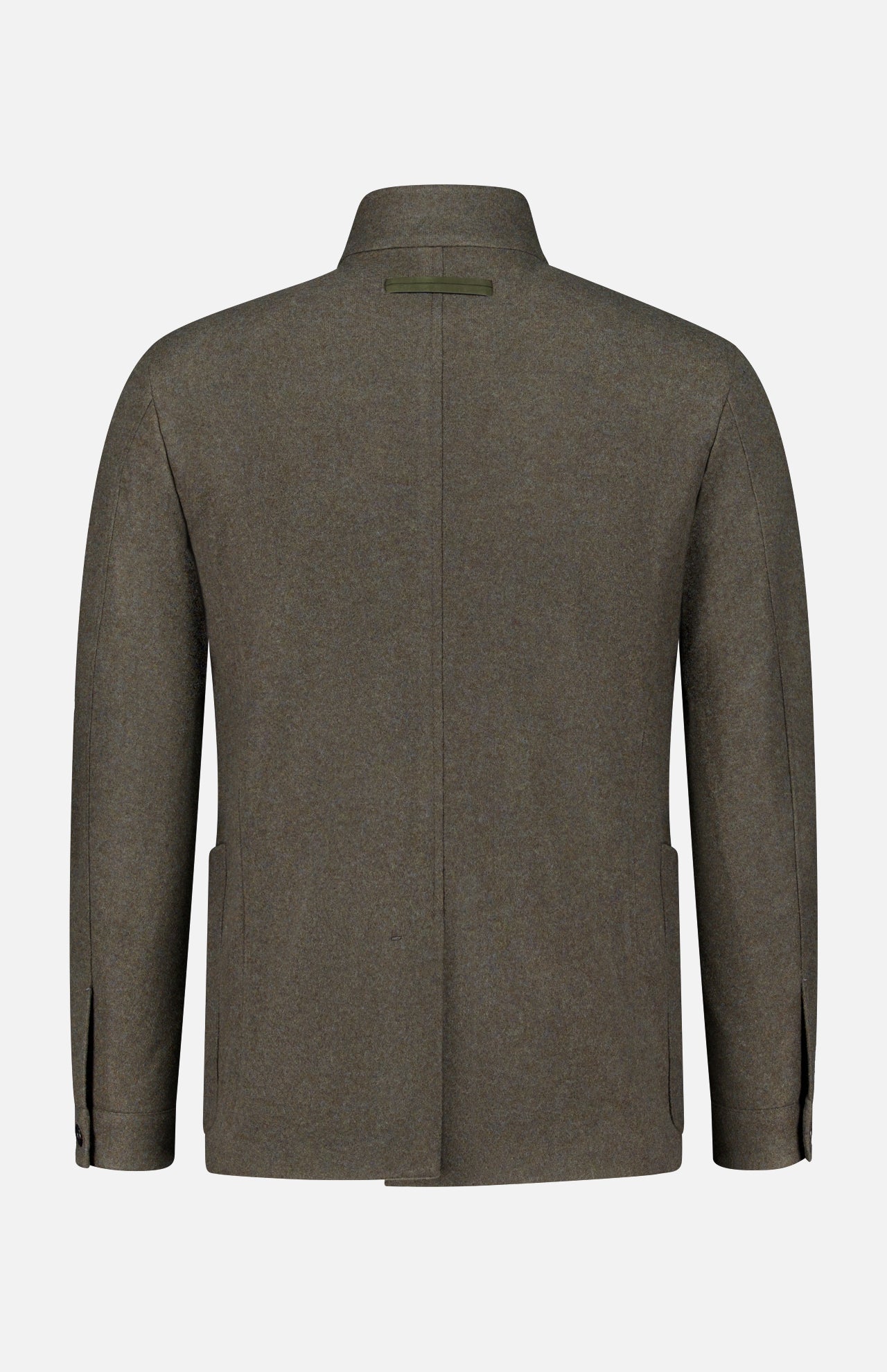 Back view of ZEGNA’s Jerseywear Chore Jacket in olive green, featuring a stand-up collar, long sleeves, and two back vents. Displayed against a plain white background, this piece channels the refined tailoring typically associated with wool cashmere jackets.