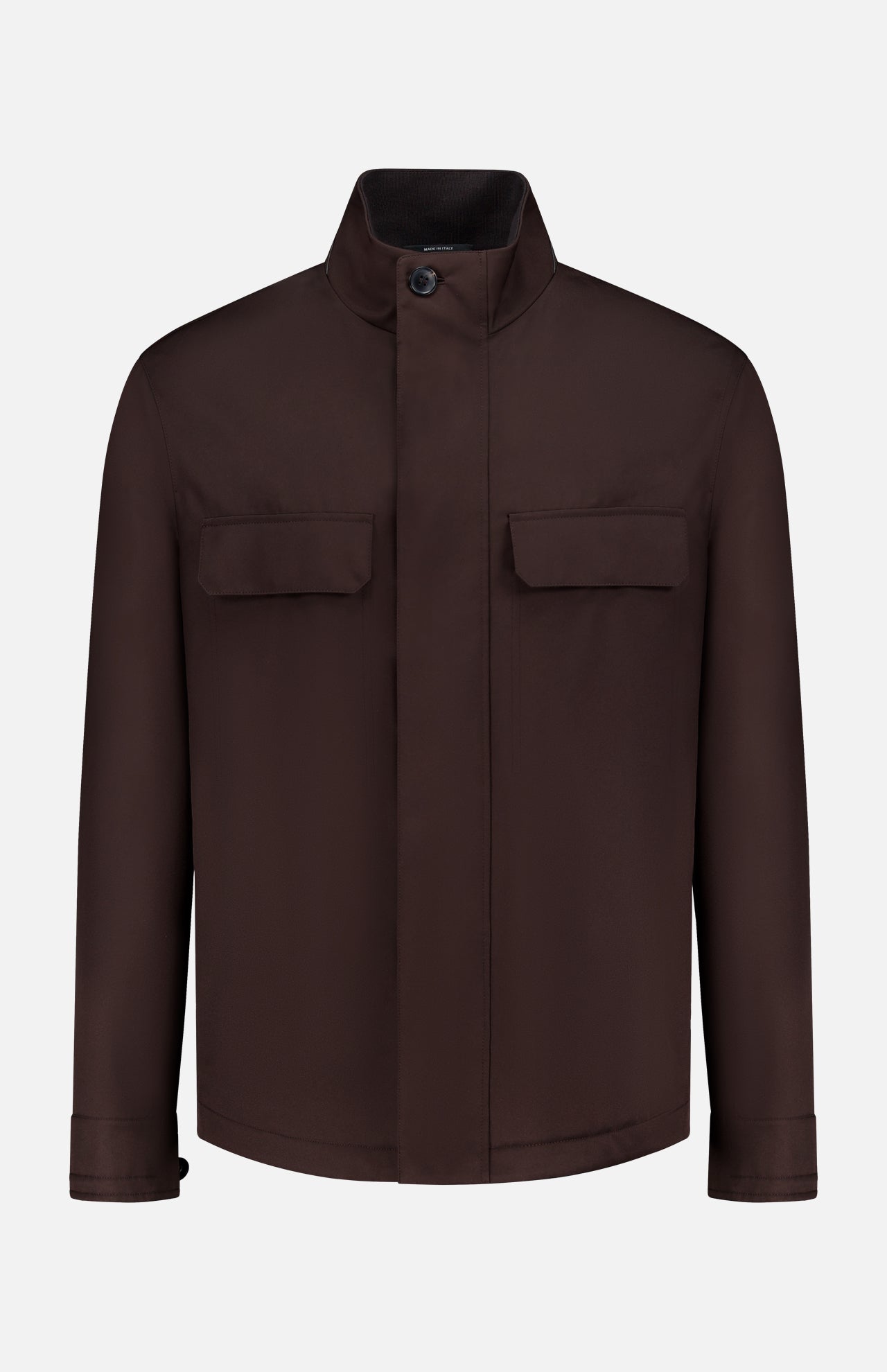 The ZEGNA Microfiber Polyester Twill Field Jacket features a dark brown shade, long sleeves, stand collar, concealed button placket, flap chest pockets, and simple cuffs. Shown front-facing on a white background—ideal men's outerwear for any occasion.