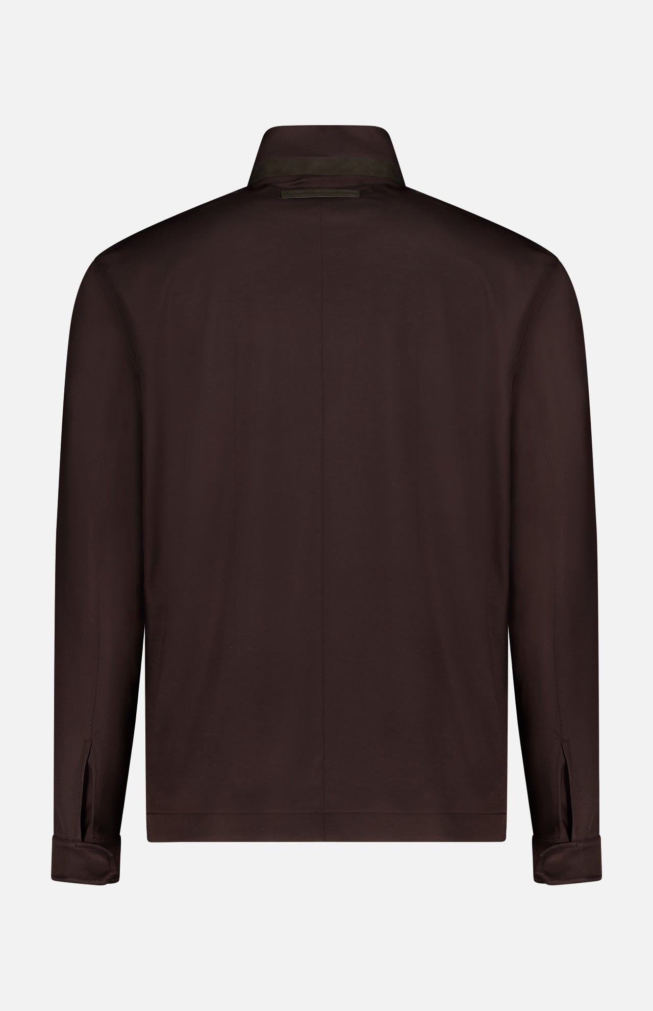 The ZEGNA Microfiber Polyester Twill Field Jacket for men is shown from the back against a white background, featuring a dark brown color, straight hem, buttoned cuffs, and a classic collar.