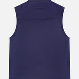 The ZEGNA Microfiber Polyester Twill Vest is a sleeveless navy vest shown from the back, featuring a straight leather collar and a small horizontal detail. Its water-repellent design is clean and simple, with no visible patterns or logos.