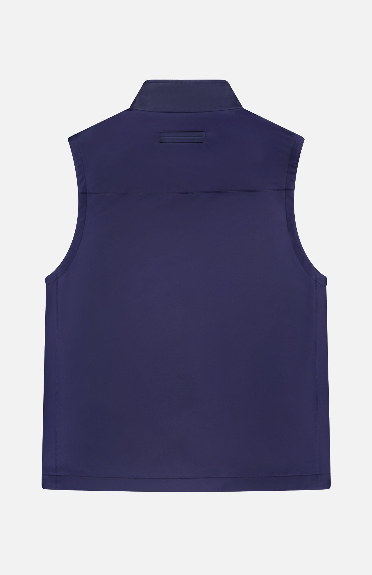 The ZEGNA Microfiber Polyester Twill Vest is a sleeveless navy vest shown from the back, featuring a straight leather collar and a small horizontal detail. Its water-repellent design is clean and simple, with no visible patterns or logos.